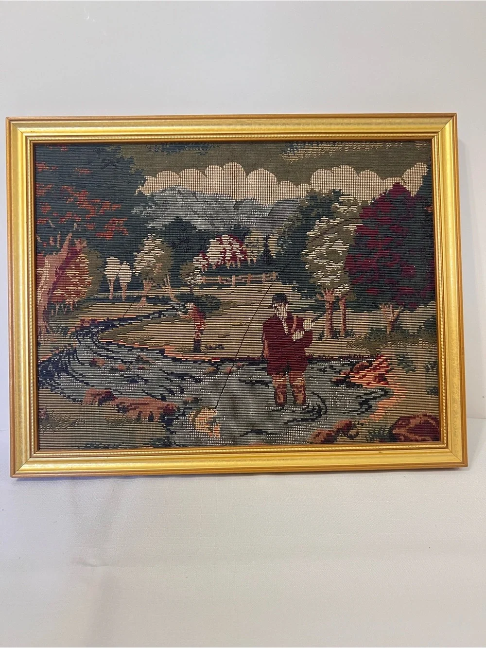 Vintage Needle Point Tapestry Fly Fishing Outdoor Scene Framed Wall Art